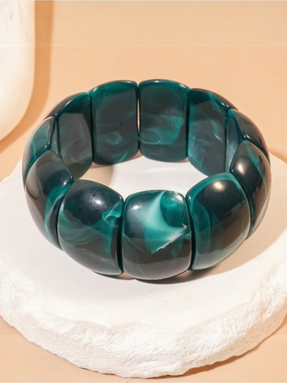 Deep Teal Color Block Acrylic Stretch Cord Bracelet - New